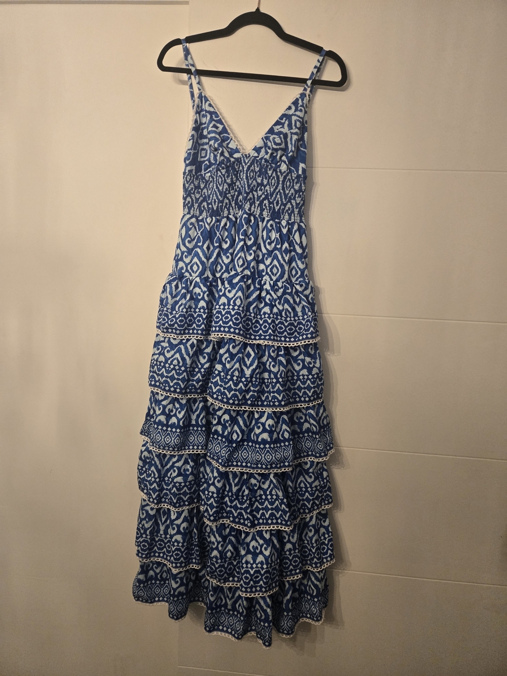 Fashion Nova Blue Printed Tiered Maxi Dress with V-Neckline